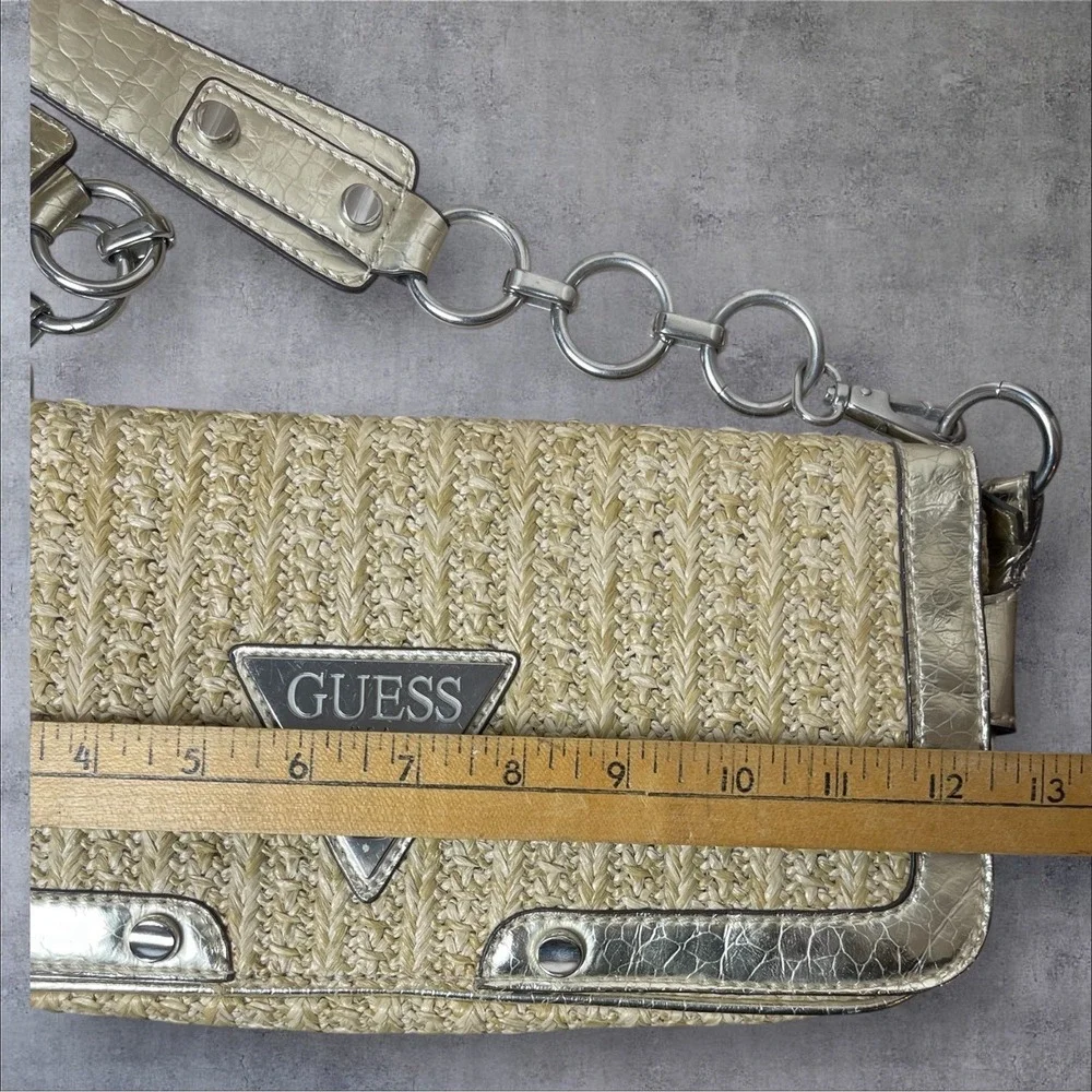 Vtg Y2K Style Guess Baguette Straw Purse Metallic Silver Snake Skin Trim 90s